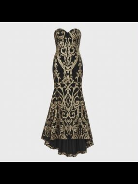 Strapless Black and Gold Embroidered Mermaid Evening Dress